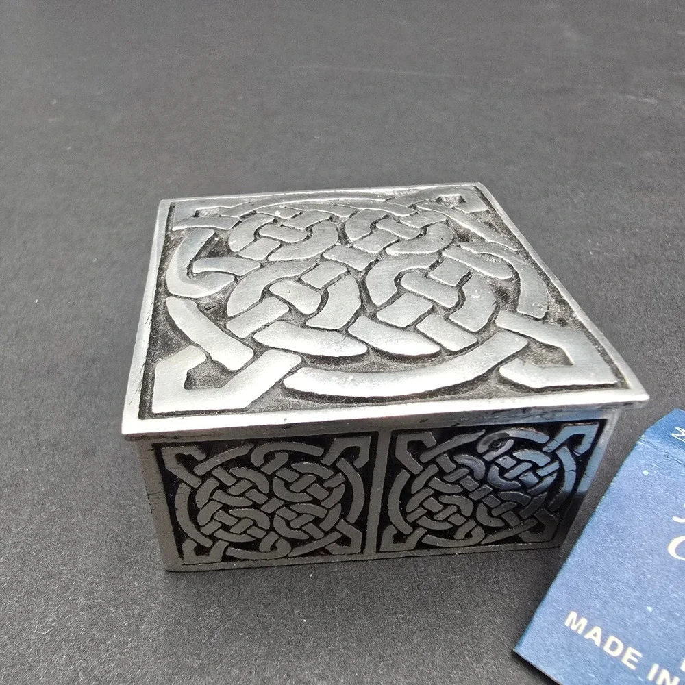 A.E. Williams Celtic Knot Pewter Trinket Box Blue Velvet Lining Made in England